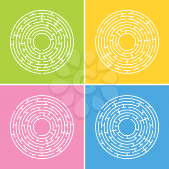 Abstract round maze. A set of four labyrinths. An educational game for children and adults. A simple flat vector illustration isolated on a colored background