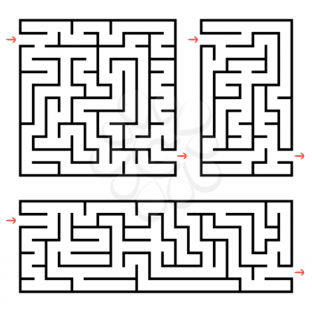 A set of square and rectangular labyrinths with entrance and exit. Simple flat vector illustration isolated on white background