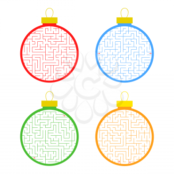 Labyrinth. Christmas tree toy. A set of four options. Simple flat vector illustration isolated on white background