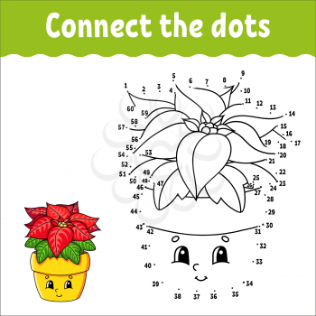 Dot to dot game. Draw a line. Poinsettia flower in a pot. For kids. Activity worksheet. Coloring book. With answer. Cartoon character.