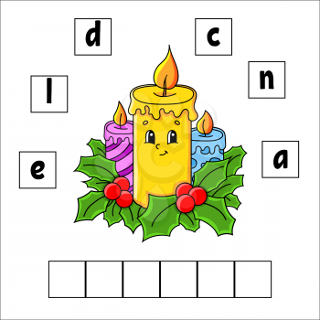 Words puzzle. Candle. Education developing worksheet. Learning game for kids. Activity page. Puzzle for children. Riddle for preschool. Vector illustration in cute cartoon style.
