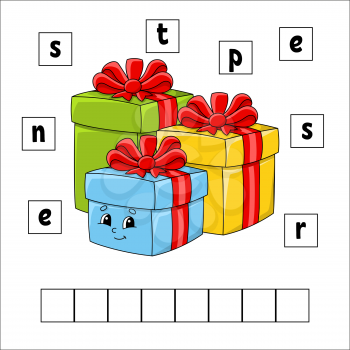 Words puzzle. Presents. Education developing worksheet. Learning game for kids. Activity page. Puzzle for children. Riddle for preschool. Vector illustration in cute cartoon style.
