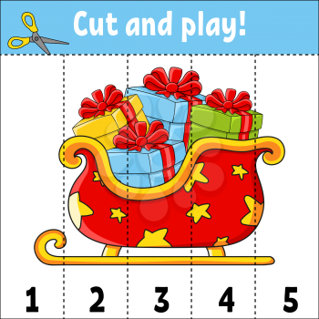 Learning numbers 1-5. Cut and play. Christmas sleigh. Education worksheet. Game for kids. Color activity page. Puzzle for children. Riddle for preschool. Vector illustration. Cartoon style.