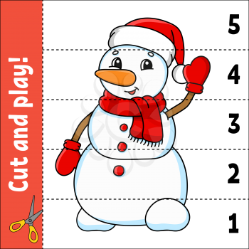 Learning numbers 1-5. Cut and play. Cute snowman. Education worksheet. Game for kids. Color activity page. Puzzle for children. Riddle for preschool. Vector illustration. Cartoon style.