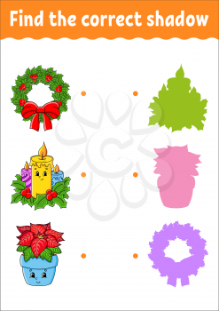 Find the correct shadow. Christmas theme. Education developing worksheet. Matching game for kids. Color activity page. Puzzle for children. Cute character. Vector illustration. Cartoon style.