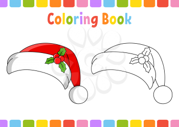 Coloring book for kids. Santa claus hat. Cartoon character. Vector illustration. Fantasy page for children. Black contour silhouette. Isolated on white background.