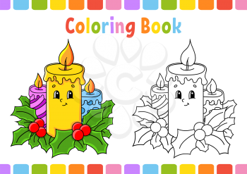 Coloring book for kids. Christmas candles. Cartoon character. Vector illustration. Fantasy page for children. Black contour silhouette. Isolated on white background.