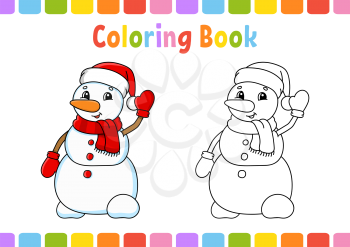 Coloring book for kids. Cute snowman. Cartoon character. Vector illustration. Fantasy page for children. Black contour silhouette. Isolated on white background.