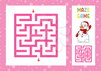 Square maze. Game for kids. Puzzle for children. Christmas theme. Happy character. Labyrinth conundrum. Color vector illustration. Find the right path. With answer. Isolated vector illustration.