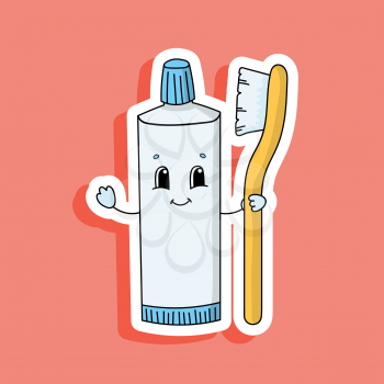 Toothpaste Tube With Toothbrush. Bright color sticker. Cartoon character. Vector illustration. Design element. With white contour.