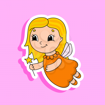 Young tooth fairy in a dress with wings and a magic wand. Bright color sticker. Cartoon character. Vector illustration. Design element. With white contour.