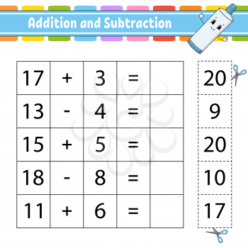 Addition and subtraction. Task for kids. Cut and paste. Education developing worksheet. Activity page. Game for children. Funny character. Isolated vector illustration. Cartoon style.