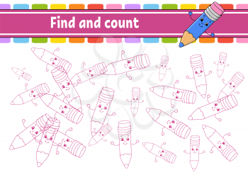 Find and count. Funny pencil. Education developing worksheet. Activity page. Puzzle game for children. Logical thinking training. Isolated vector illustration. Cartoon character.