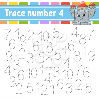 Trace number 4. Handwriting practice. Learning numbers for kids. Education developing worksheet. Activity page. Game for toddlers and preschoolers. Isolated vector illustration in cute cartoon style.