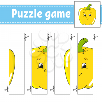 Puzzle game for kids. Vegetable pepper. Cutting practice. Education developing worksheet. Activity page.Cartoon character.