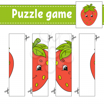 Puzzle game for kids. Berry strawberry. Cutting practice. Education developing worksheet. Activity page.Cartoon character.