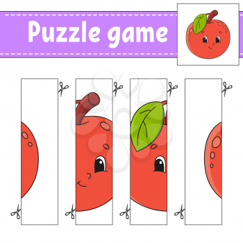 Puzzle game for kids. Fruit apple. Cutting practice. Education developing worksheet. Activity page.Cartoon character.