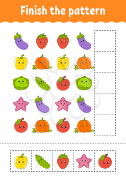 Finish the pattern. Cut and play. Fruits and vegetables. Education developing worksheet. Activity page.Cartoon character.