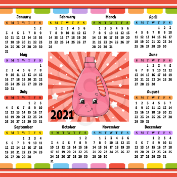 Calendar for 2020 with a cute character. Fun and bright design. Isolated color vector illustration. Cartoon style.