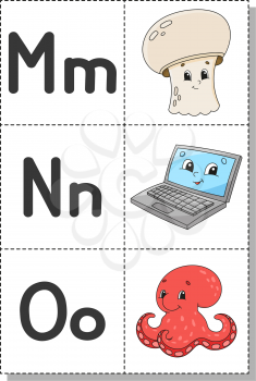 English alphabet with cartoon characters. Flash cards. Vector set. Bright color style. Learn ABC. Lowercase and uppercase letters.