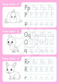 Writing letters. Tracing page. Worksheet for kids. Practice sheet. Learn alphabet. Cute characters. Vector illustration. Cartoon style.