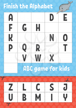 Finish the alphabet. ABC game for kids. Cut and glue. Education developing worksheet. Learning game for kids. Color activity page.