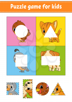 Puzzle game for kids. Cut and paste. Cutting practice. Learning shapes. Education worksheet. Circle, square, rectangle, triangle. Activity page. Cartoon character.