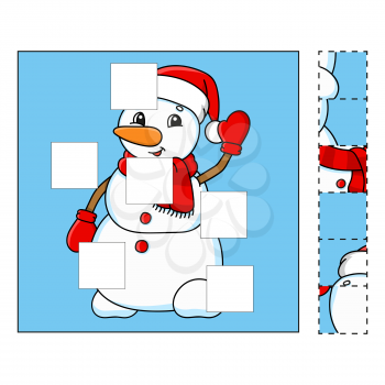 Puzzle game for kids. Cut and paste. Cutting practice. Learning shapes. Education worksheet. Winter theme. Activity page. Cartoon character.