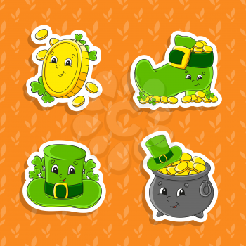 Set of bright color stickers for kids. St. Patrick's day. Cute cartoon characters. Vector illustration isolated on color background.