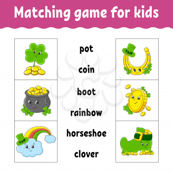 Matching game for kids. Find the correct answer. Draw a line. Learning words. Activity worksheet. St. Patrick's day. Cartoon character.