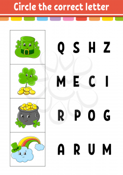 Circle the correct letter. Education developing worksheet. Learning game for kids. St. Patrick's day. Color activity page. Cartoon character.