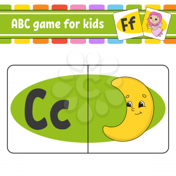 ABC flash cards. Alphabet for kids. Learning letters. Education developing worksheet. Activity page for study English. Game for children. Funny character. Isolated vector illustration. Cartoon style.