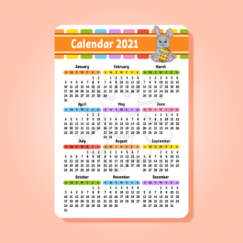 Calendar for 2020 with a cute character. Easter rabbit. Fun and bright design. Isolated color vector illustration. Pocket size. Cartoon style.