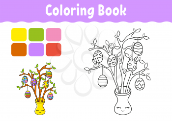 Coloring book for kids. Cheerful character. Easter egg tree. Vector illustration. Cute cartoon style. Fantasy page for children. Black contour silhouette. Isolated on white background.