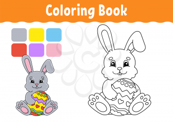 Coloring book for kids. Cheerful character. Easter rabbit. Vector illustration. Cute cartoon style. Fantasy page for children. Black contour silhouette. Isolated on white background.