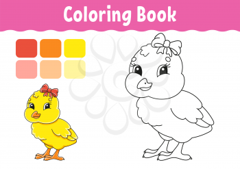 Coloring book for kids. Cheerful character. Baby chicken. Vector illustration. Cute cartoon style. Fantasy page for children. Black contour silhouette. Isolated on white background.