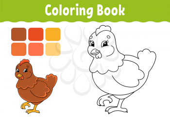 Coloring book for kids. Lovely hen. Cheerful character. Vector illustration. Cute cartoon style. Fantasy page for children. Black contour silhouette. Isolated on white background.