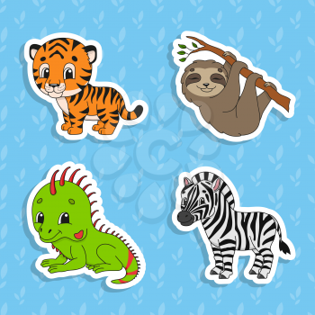 Set of bright color stickers. Brown sloth. Green iguana. Orange tiger. Happy zebra. Cute cartoon characters. Vector illustration isolated on color background. Wild animals.