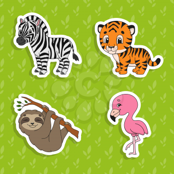 Set of bright color stickers. Brown sloth. Orange tiger. Happy zebra. Pink flamingo. Cute cartoon characters. Vector illustration isolated on color background. Wild animals.