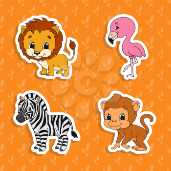 Set of bright color stickers. Orange lion. Brown monkey. Happy zebra. Pink flamingo. Cute cartoon characters. Vector illustration isolated on color background. Wild animals.