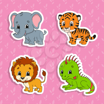 Set of bright color stickers. Orange lion. Green iguana. Orange tiger. Gray elephant. Cute cartoon characters. Vector illustration isolated on color background. Wild animals.