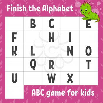Finish the alphabet. ABC game for kids. Education developing worksheet. Green iguana. Learning game for kids. Color activity page.