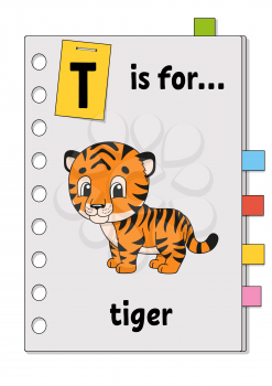 T is for tiger. ABC game for kids. Word and letter. Learning words for study English. Cartoon character. Color vector illustration. Cute animal.