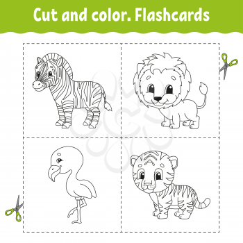 Cut and color. Flashcard Set. flamingo, tiger, lion, zebra. Coloring book for kids. Cartoon character. Cute animal.