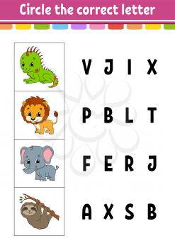 Circle the correct letter. lion, elephant, sloth, iguana. Education developing worksheet. Learning game for kids. Color activity page. Cartoon character.