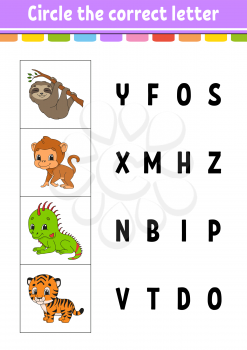 Circle the correct letter. tiger, monkey, sloth, iguana. Education developing worksheet. Learning game for kids. Color activity page. Cartoon character.