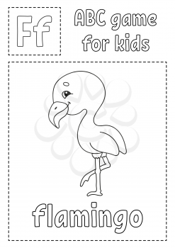 Letter F is for flamingo. ABC game for kids. Alphabet coloring page. Cartoon character. Word and letter. Vector illustration.