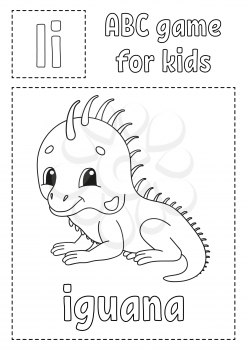 Letter I is for iguana. ABC game for kids. Alphabet coloring page. Cartoon character. Word and letter. Vector illustration.
