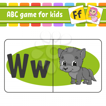ABC flash cards. Alphabet for kids. Animal wolf. Learning letters. Education worksheet. Activity page for study English. Color game for children. Isolated vector illustration. Cartoon style.