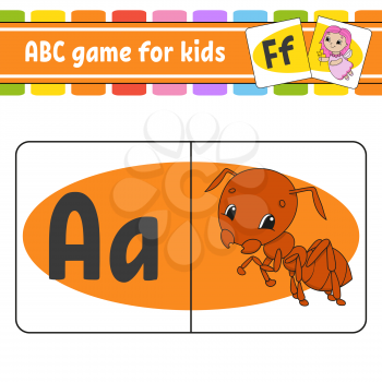 ABC flash cards. Alphabet for kids. Insect ant. Learning letters. Education worksheet. Activity page for study English. Color game for children. Isolated vector illustration. Cartoon style.